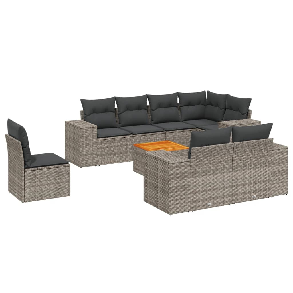 Salon de jardin 9 pcs avec coussins gris résine tressée