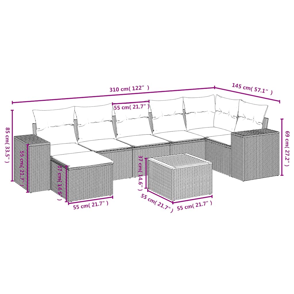 Ensemble de canapé de jardin 8 pcs avec coussins noir résine tressée