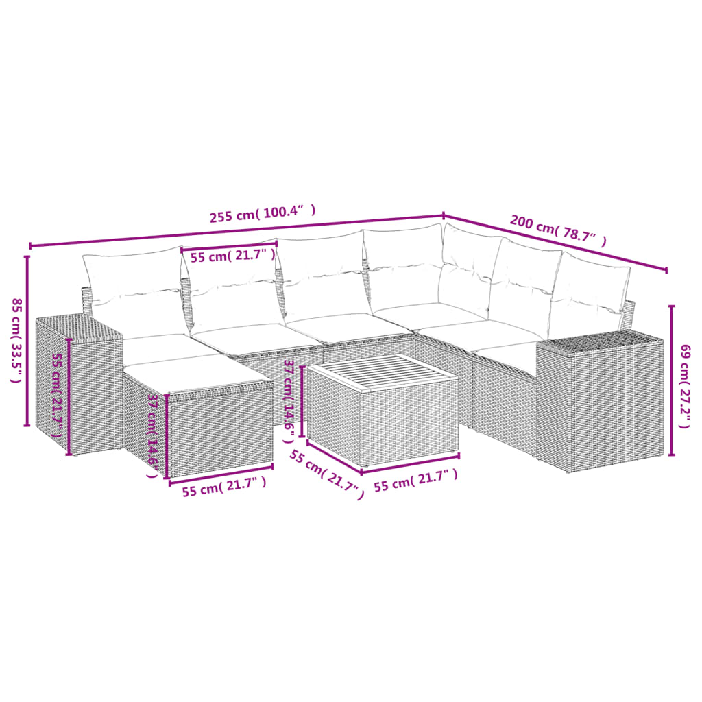 Ensemble de canapé de jardin 8 pcs avec coussins gris résine tressée
