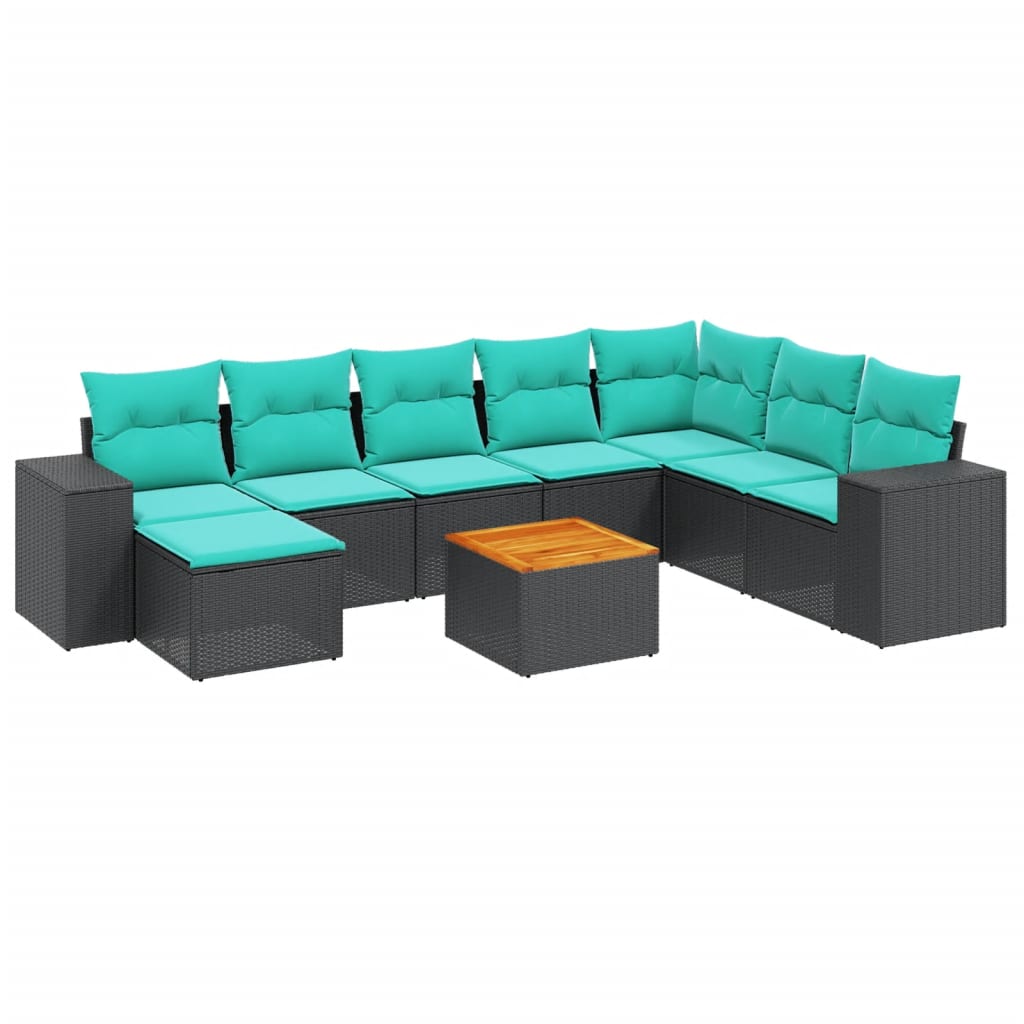 Ensemble de canapé de jardin 9 pcs avec coussins noir résine tressée