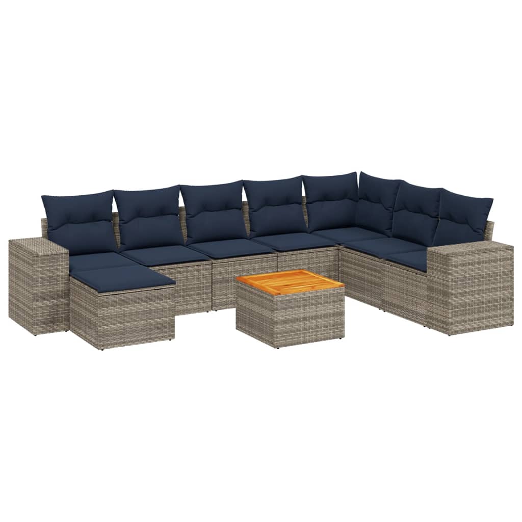 Ensemble de canapé de jardin 9 pcs avec coussins gris résine tressée