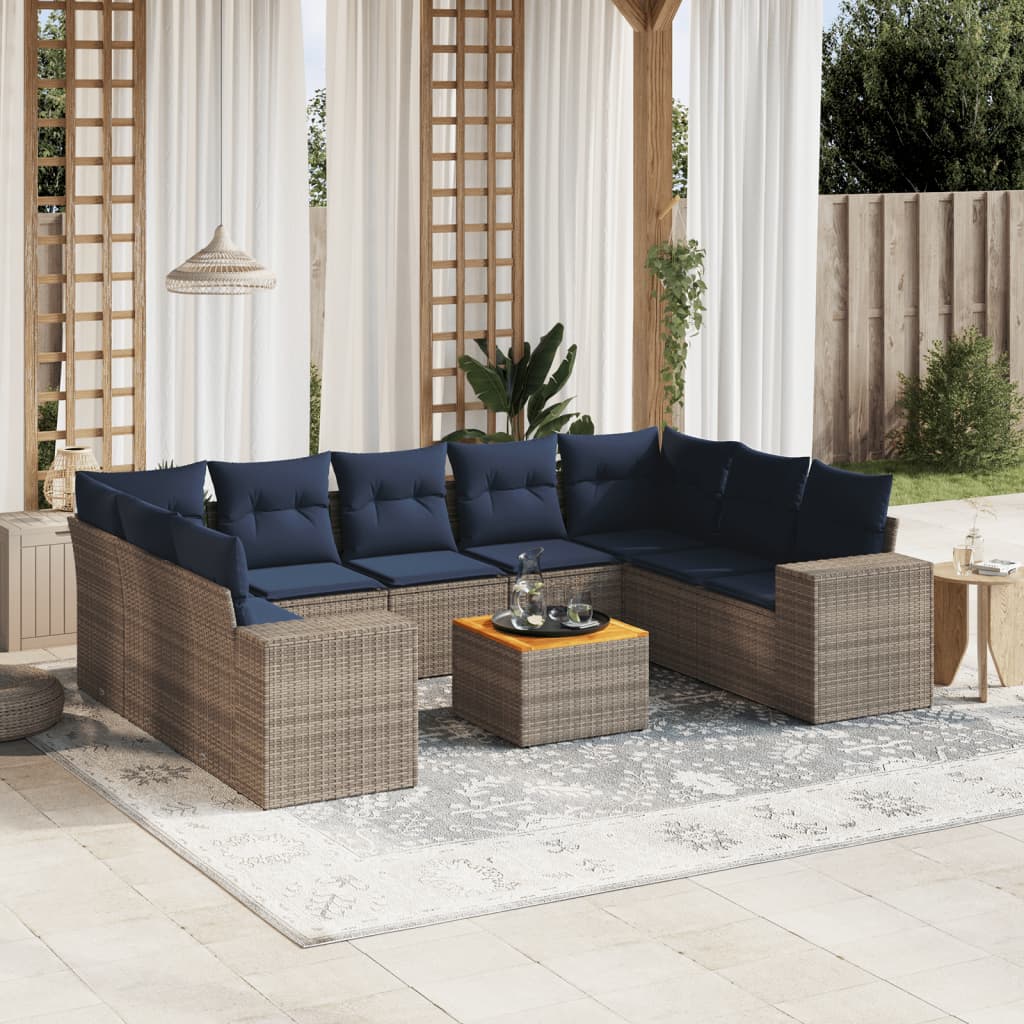 Ensemble de canapé de jardin 10 pcs avec coussins gris résine tressée