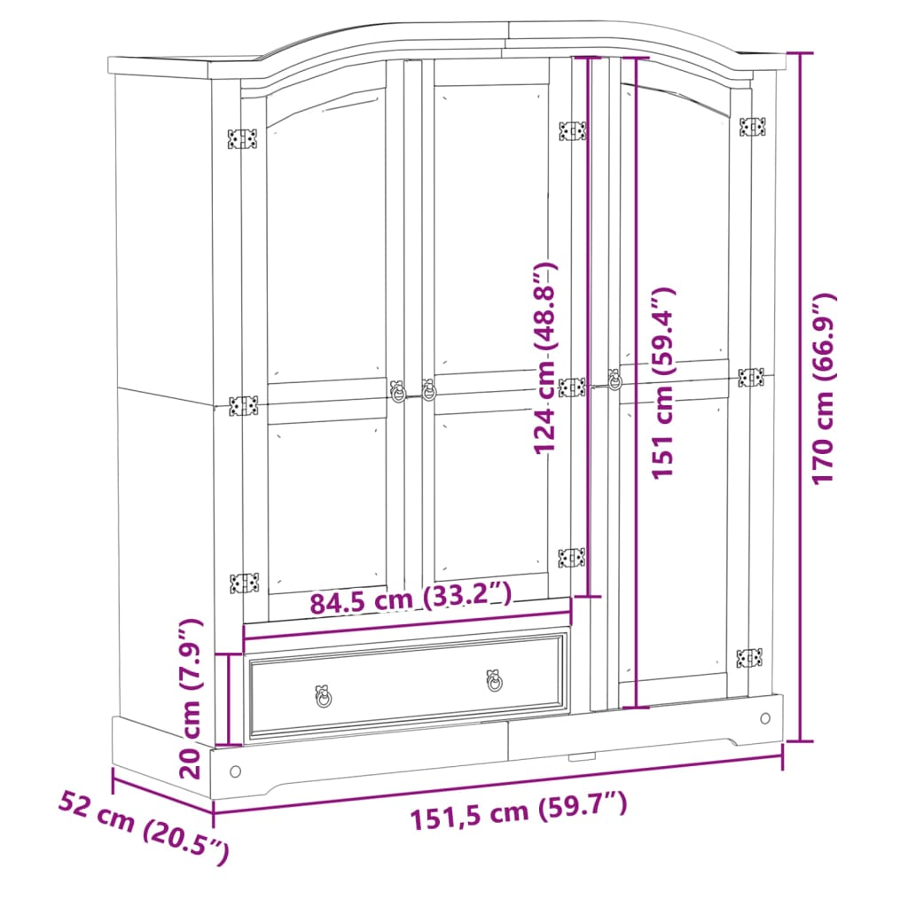 Garde-robe Corona 151,5x52x170 cm bois de pin massif - XIOS