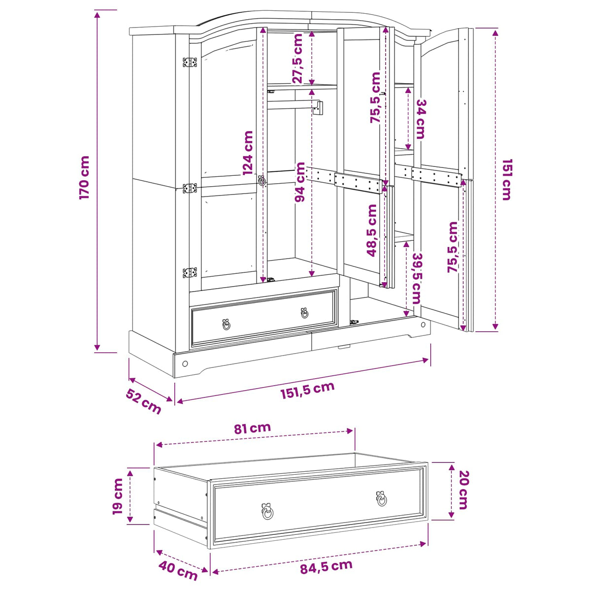 Garde-robe Corona 151,5x52x170 cm bois de pin massif