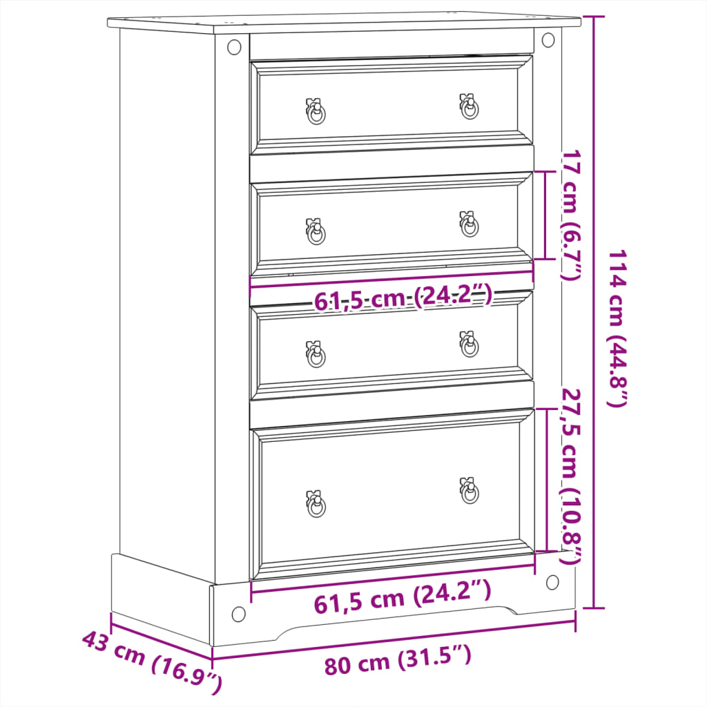 Commode Corona 80x43x114 cm bois massif de pin