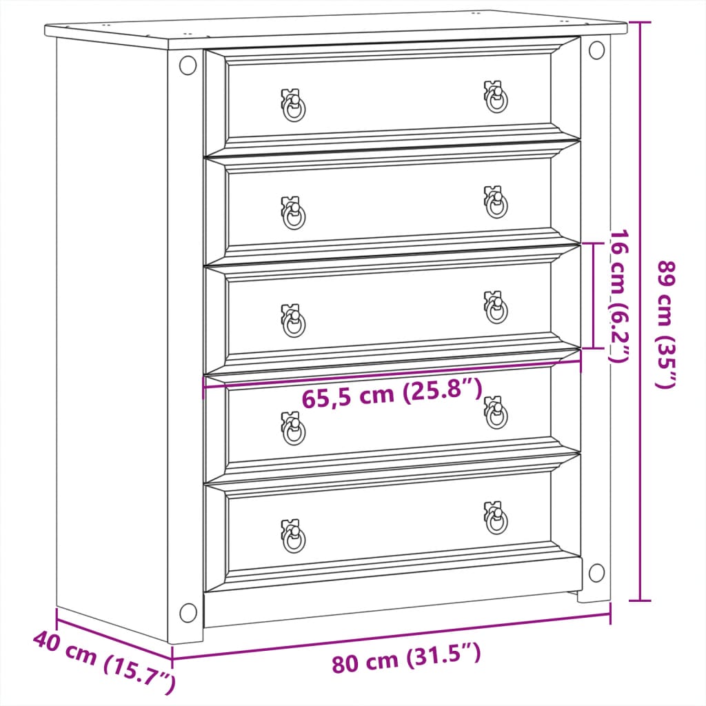 Commode Corona 80x40x89 cm bois massif de pin