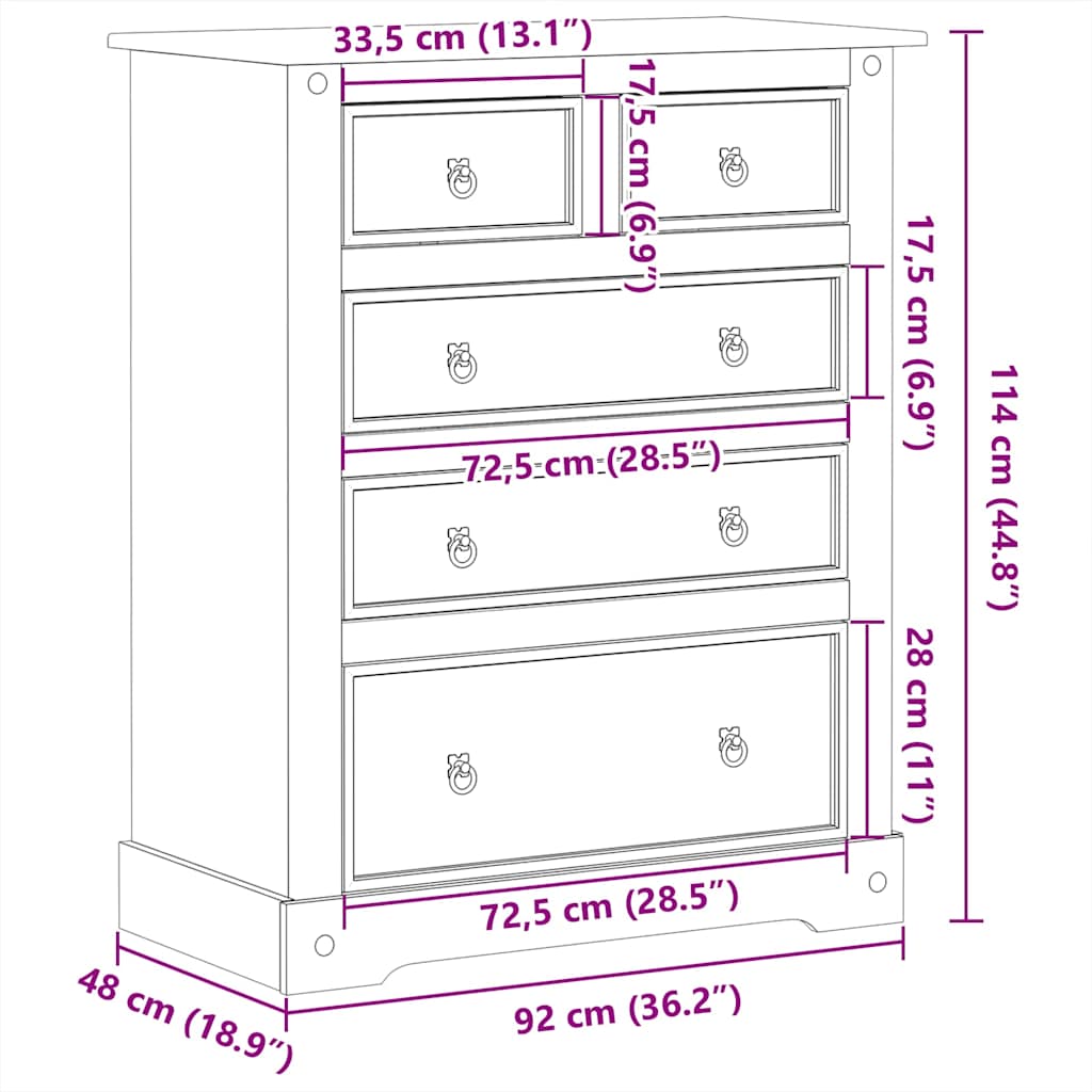 Commode Corona 92x48x114 cm bois massif de pin