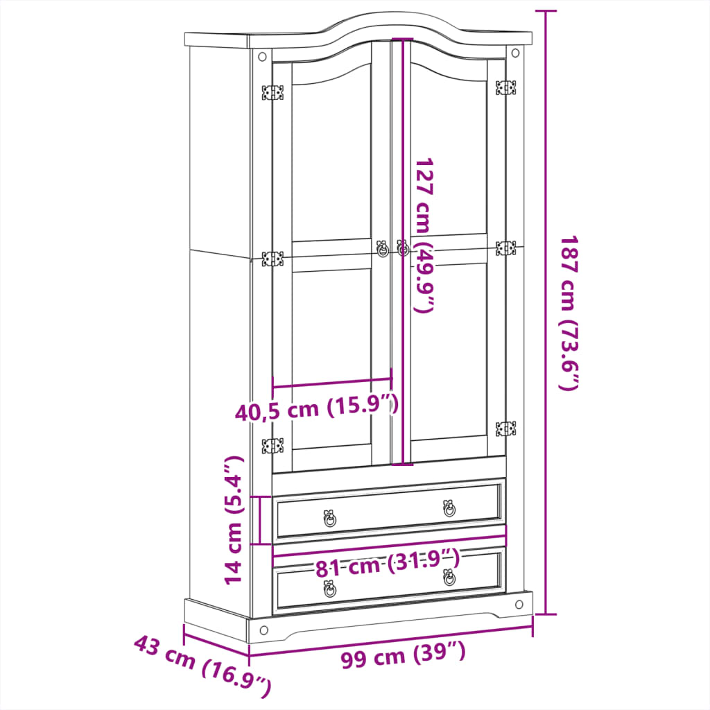 Vitrine en verre Corona 99x43x187 cm bois massif de pin - XIOS