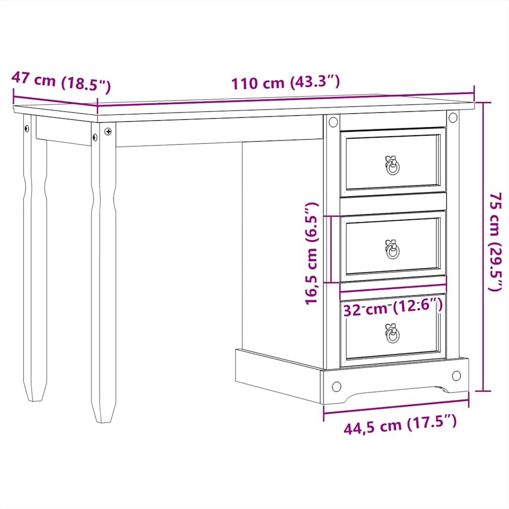 Coiffeuse Corona 110x47x75 cm bois de pin massif - XIOS