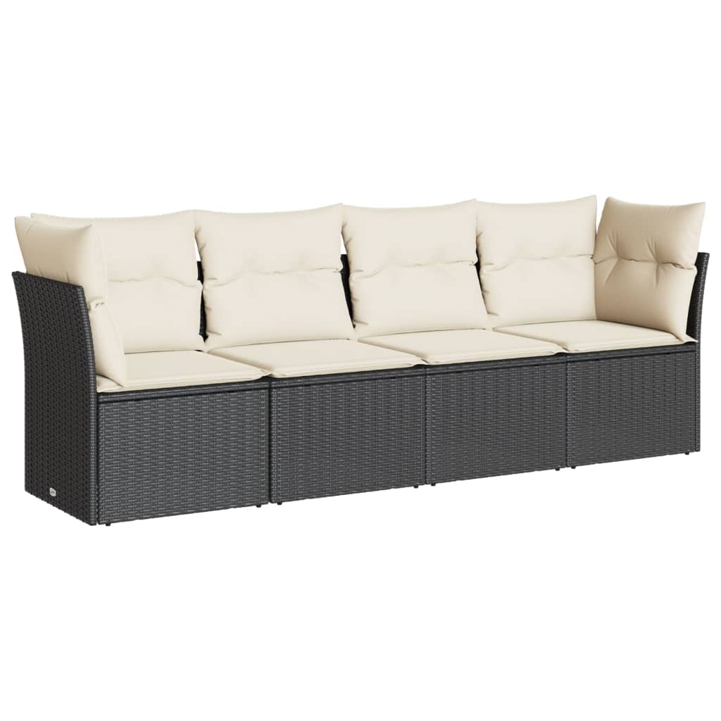 Salon de jardin 4 pcs avec coussins noir résine tressée