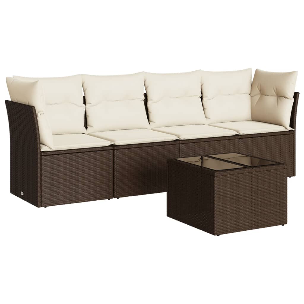 Salon de jardin avec coussins 5 pcs marron résine tressée