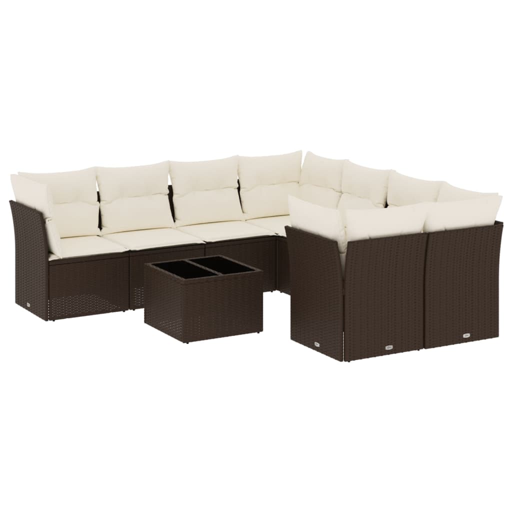Salon de jardin avec coussins 9 pcs marron résine tressée