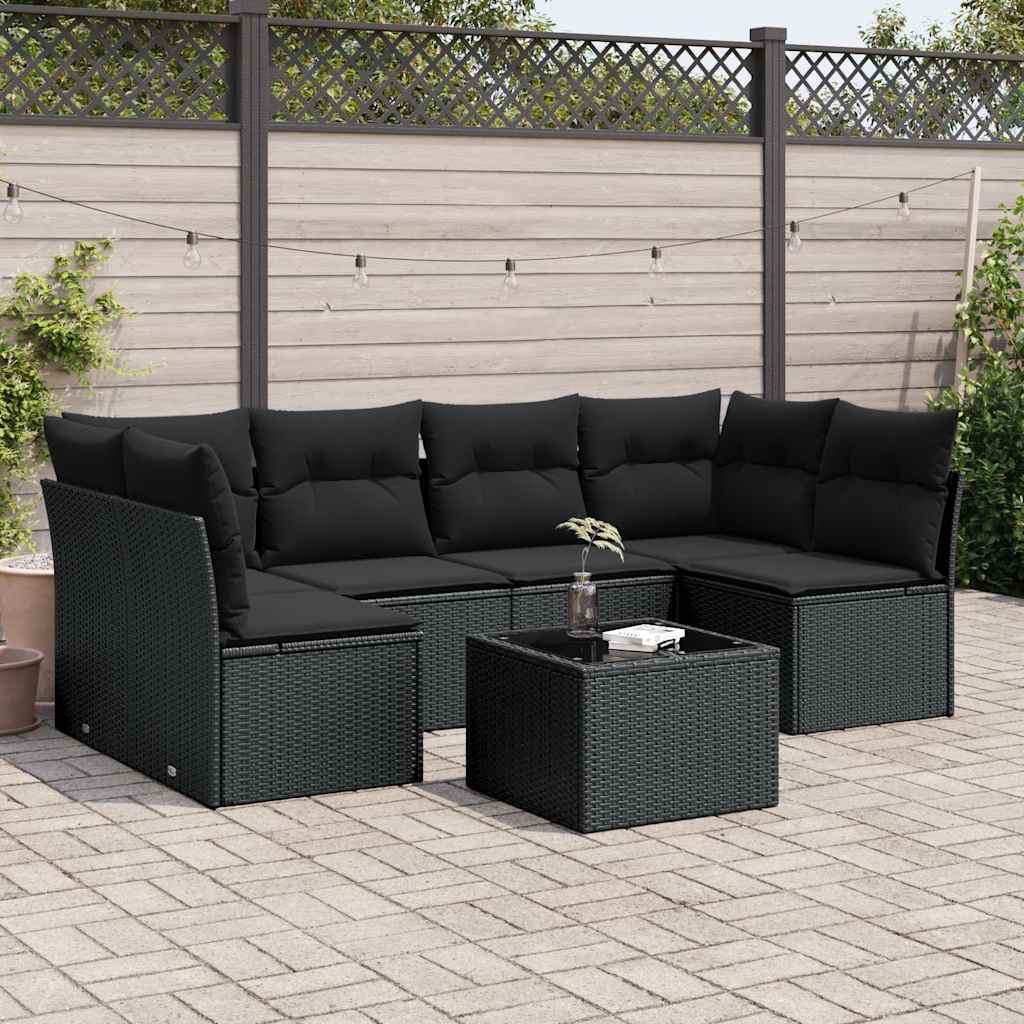 Salon de jardin 7 pcs avec coussins noir résine tressée