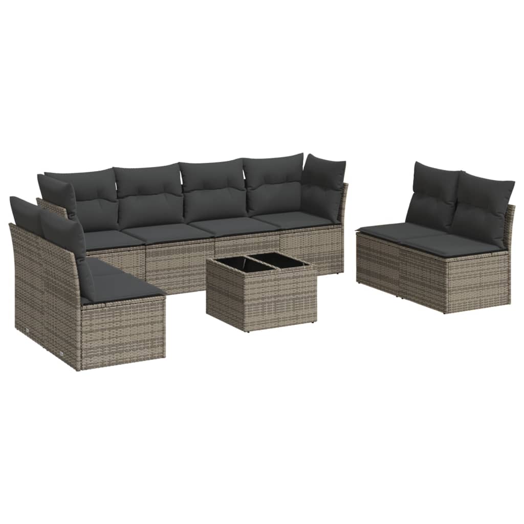 Salon de jardin 9 pcs avec coussins gris résine tressée