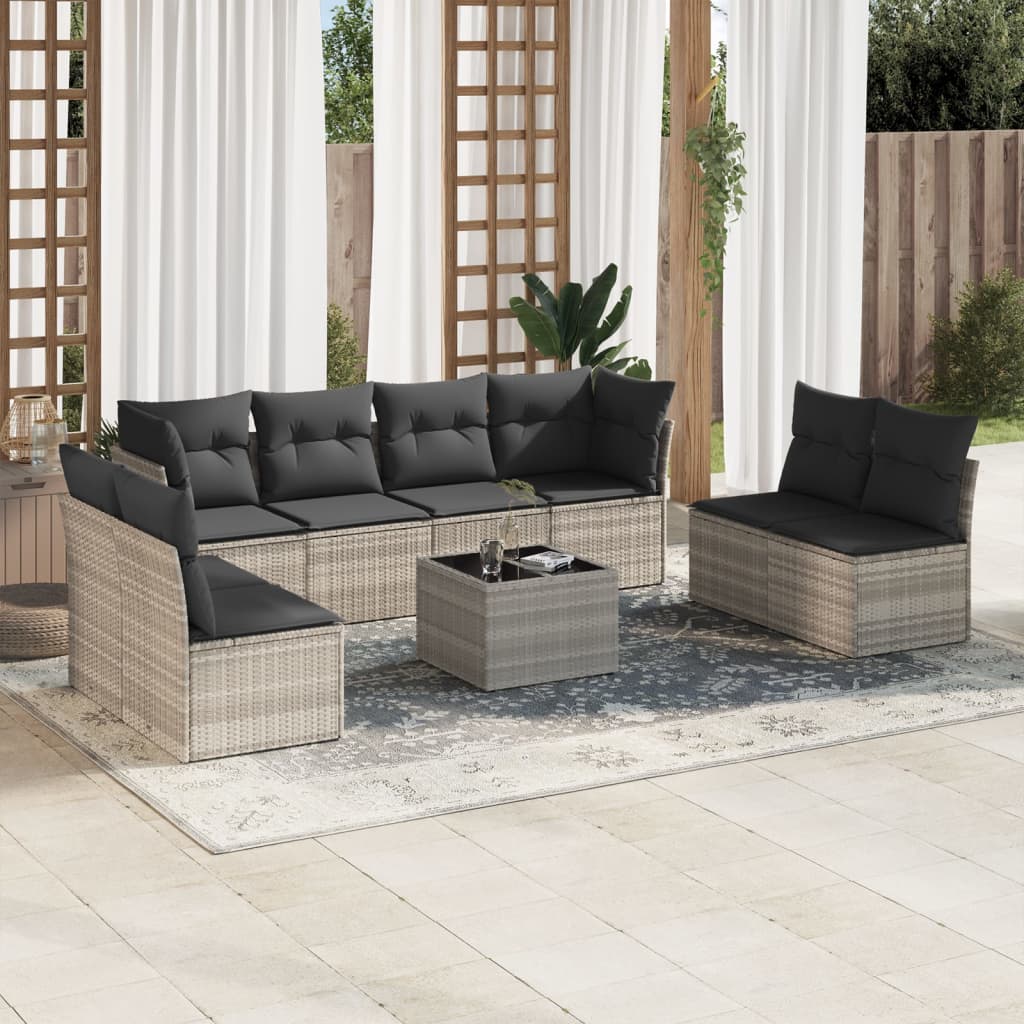 Salon de jardin 9 pcs avec coussins gris clair résine tressée