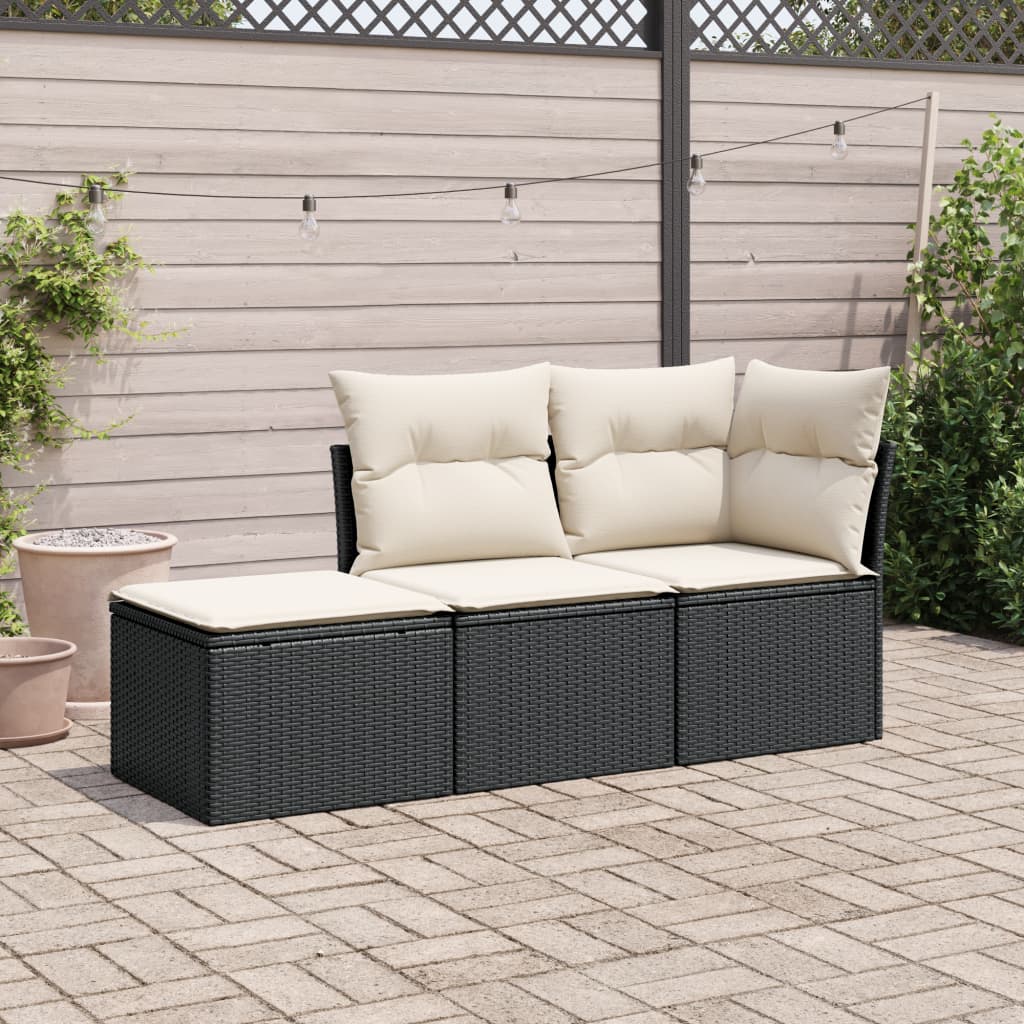 Salon de jardin 3 pcs avec coussins noir résine tressée