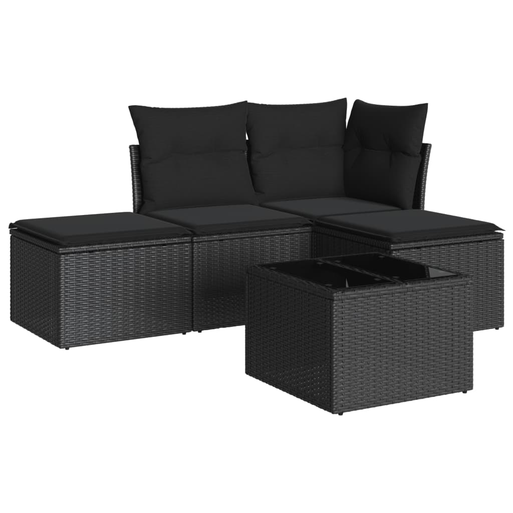 Salon de jardin 5 pcs avec coussins noir résine tressée