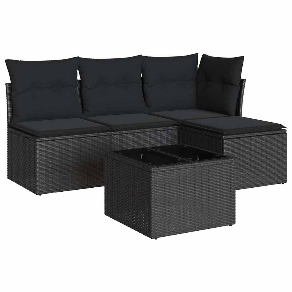 Salon de jardin 5 pcs avec coussins noir résine tressée