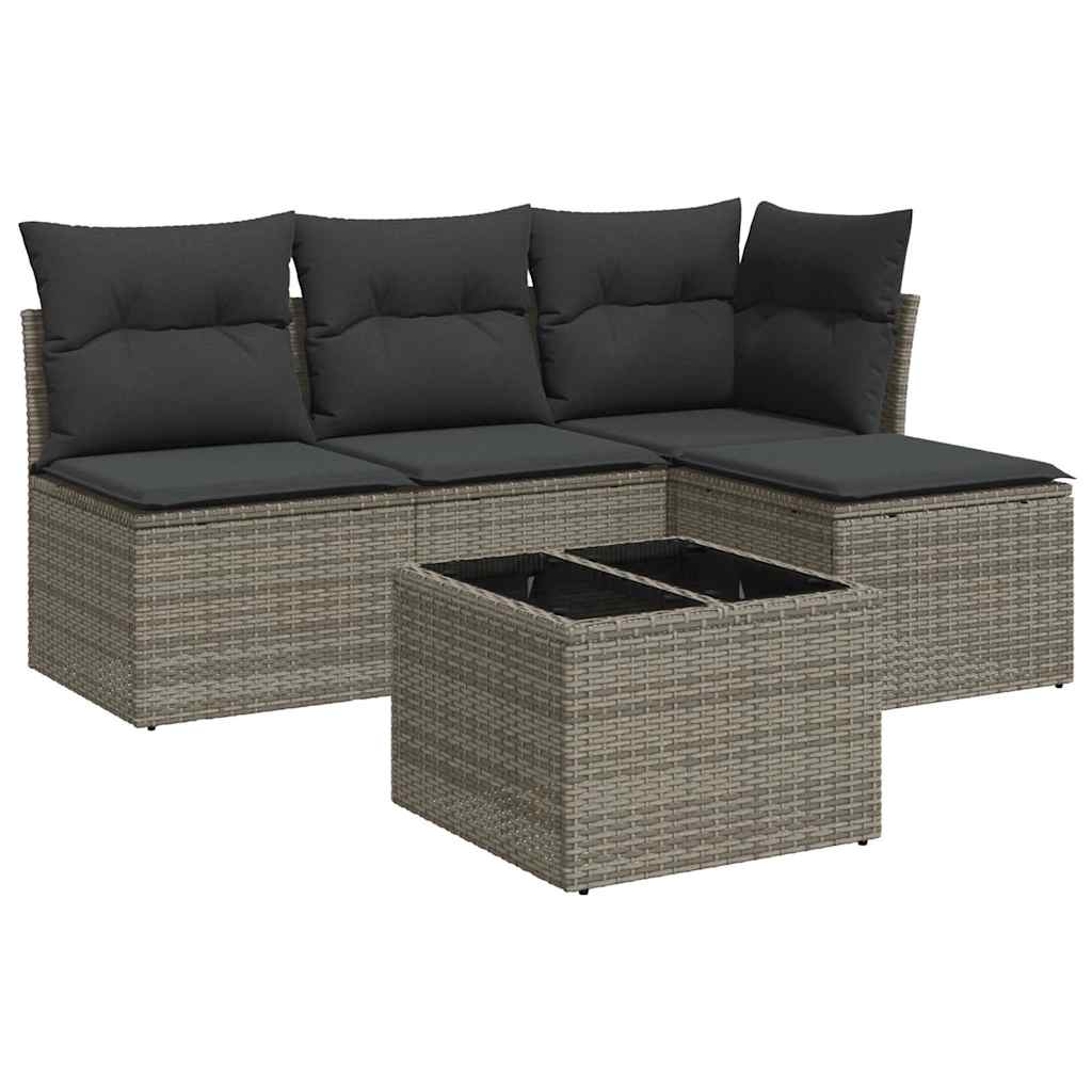 Salon de jardin 5 pcs avec coussins gris résine tressée