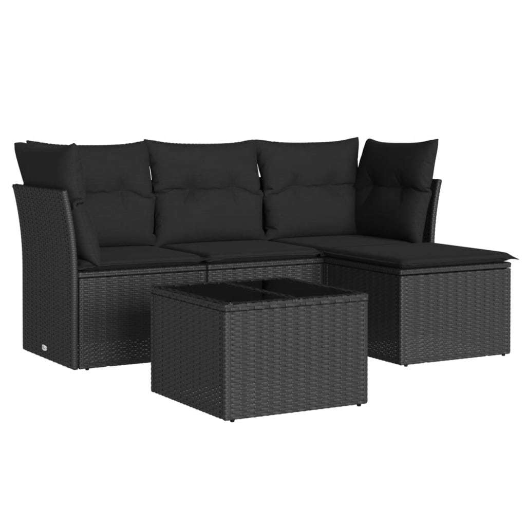Salon de jardin 5 pcs avec coussins noir résine tressée