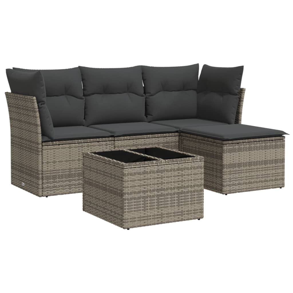 Salon de jardin 5 pcs avec coussins gris résine tressée