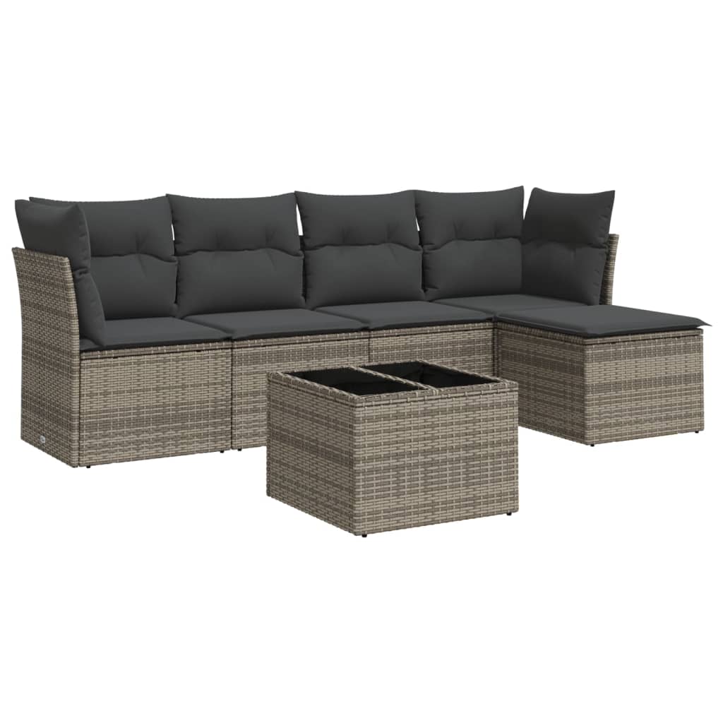 Salon de jardin 6 pcs avec coussins gris résine tressée