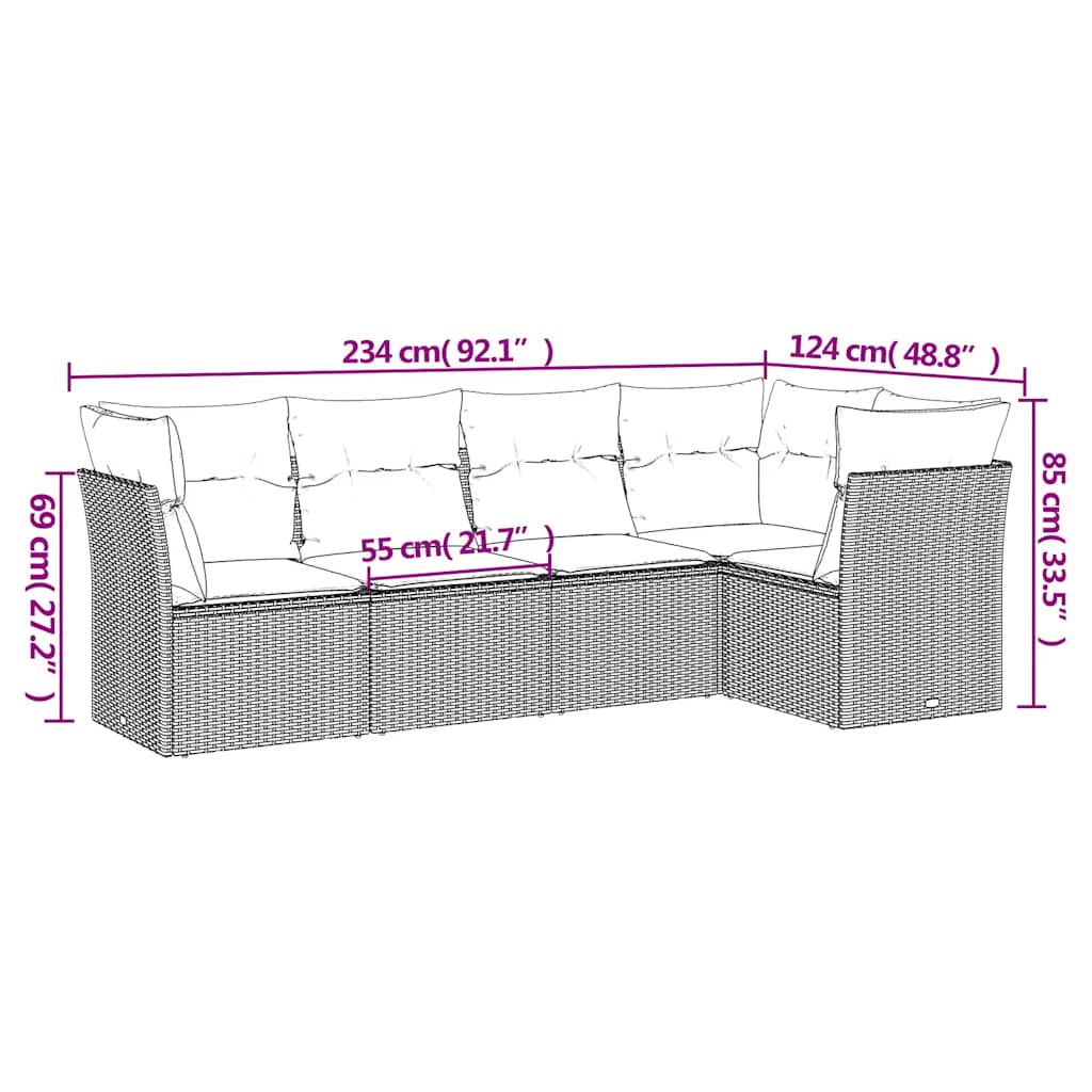 Salon de jardin 5 pcs avec coussins gris clair résine tressée