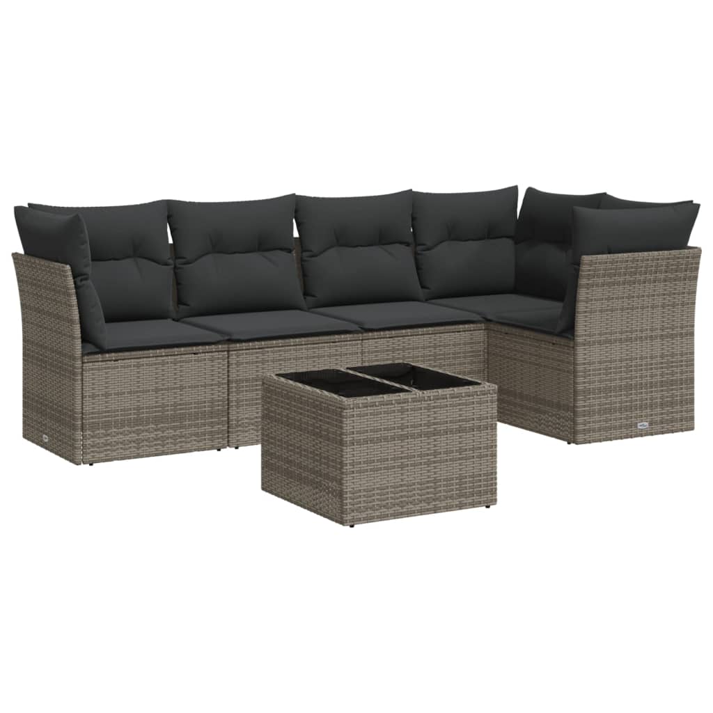 Salon de jardin 6 pcs avec coussins gris résine tressée