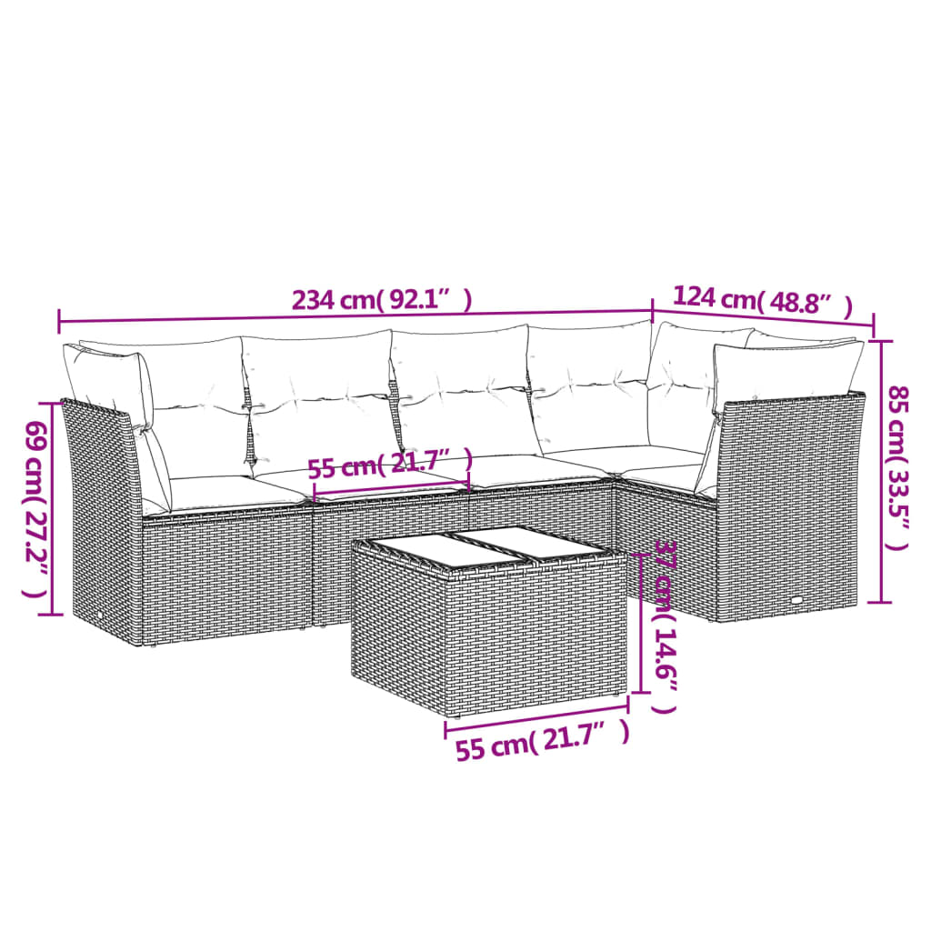 Salon de jardin avec coussins 6 pcs marron résine tressée