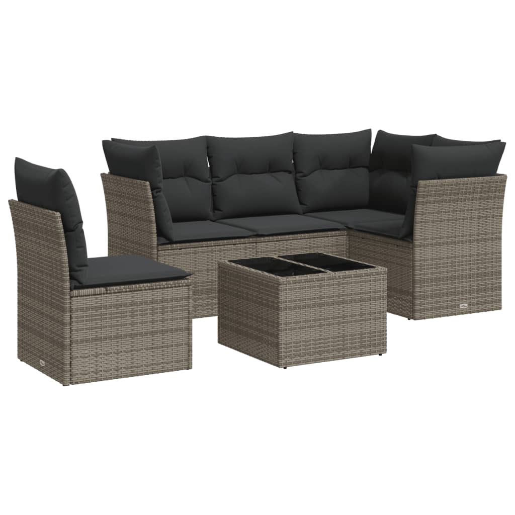 Salon de jardin 6 pcs avec coussins gris résine tressée
