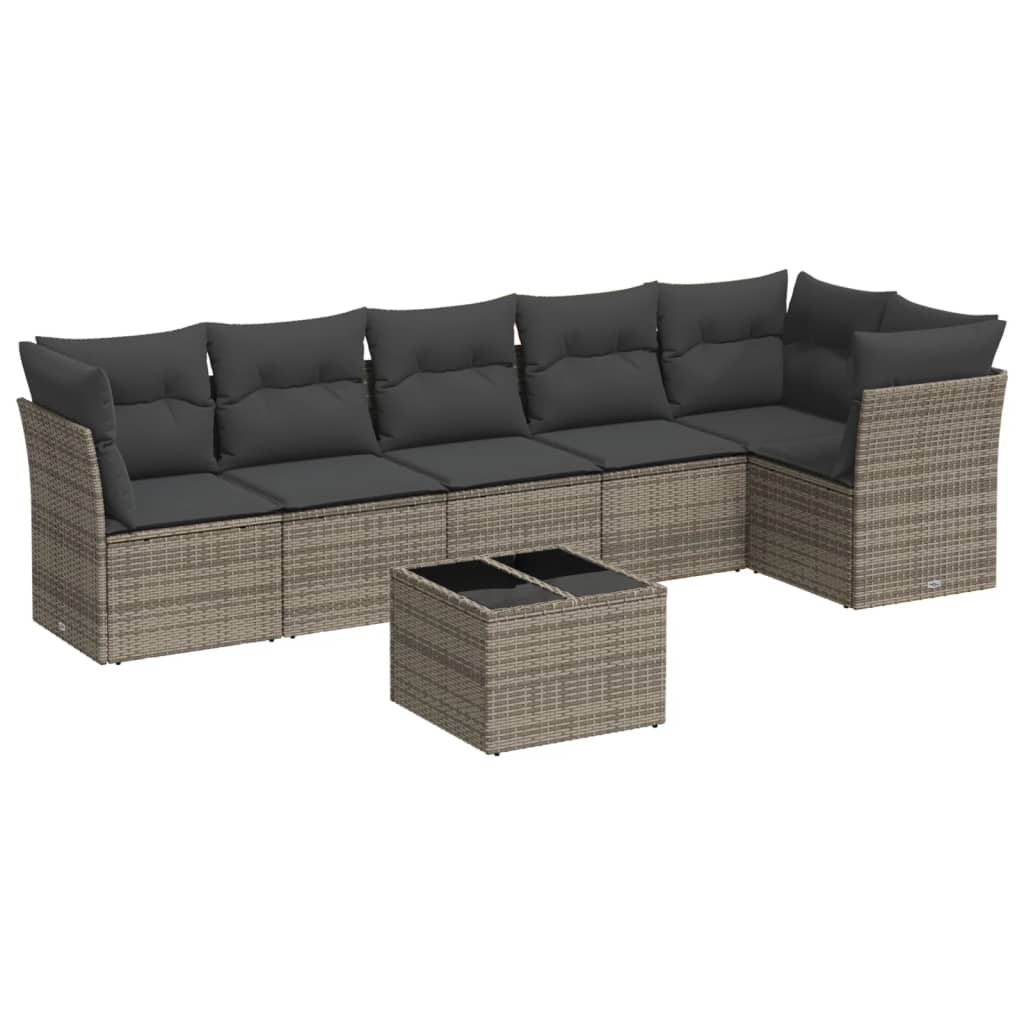 Salon de jardin avec coussins 7 pcs gris résine tressée