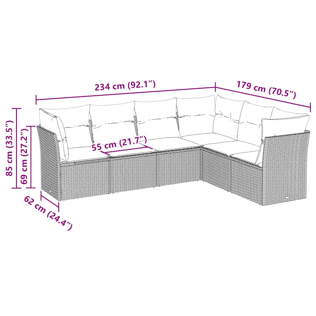 Salon de jardin 6 pcs avec coussins noir résine tressée