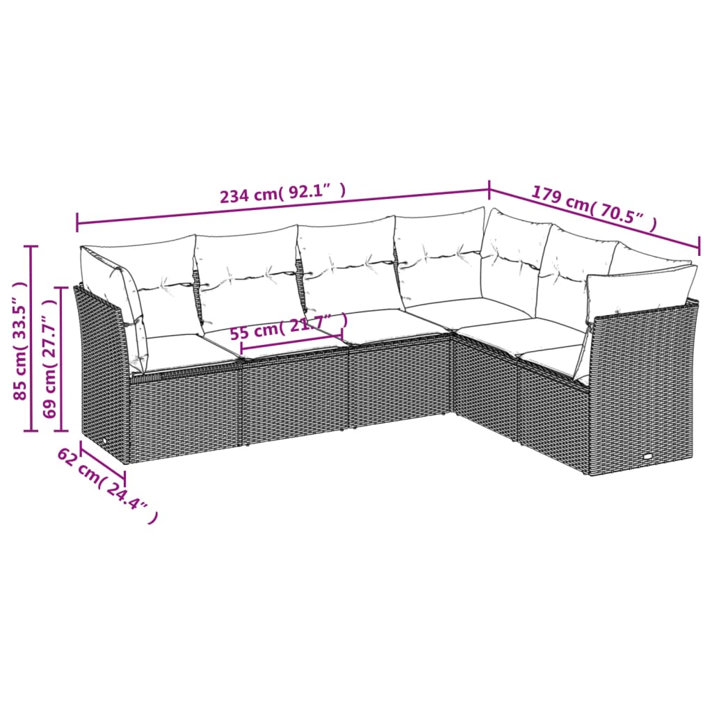 Salon de jardin 6 pcs avec coussins gris résine tressée