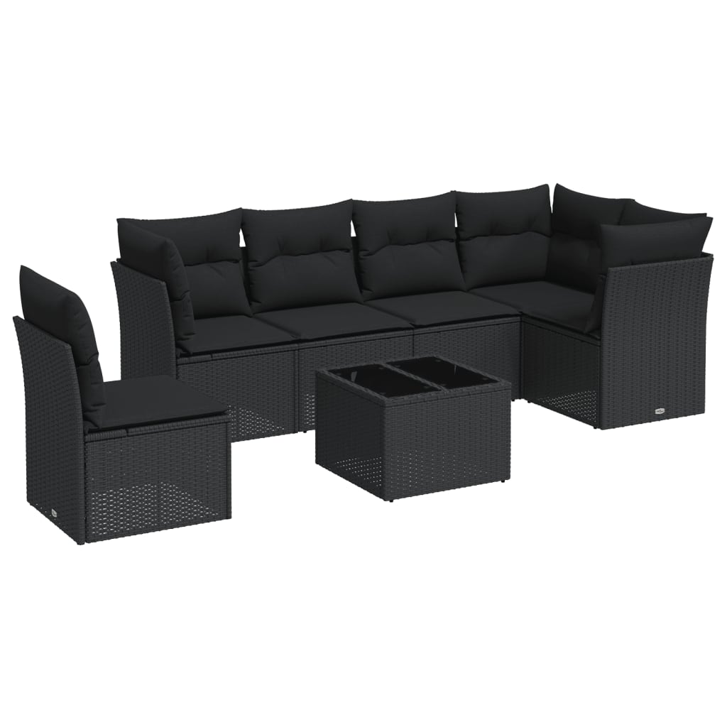 Salon de jardin 7 pcs avec coussins noir résine tressée