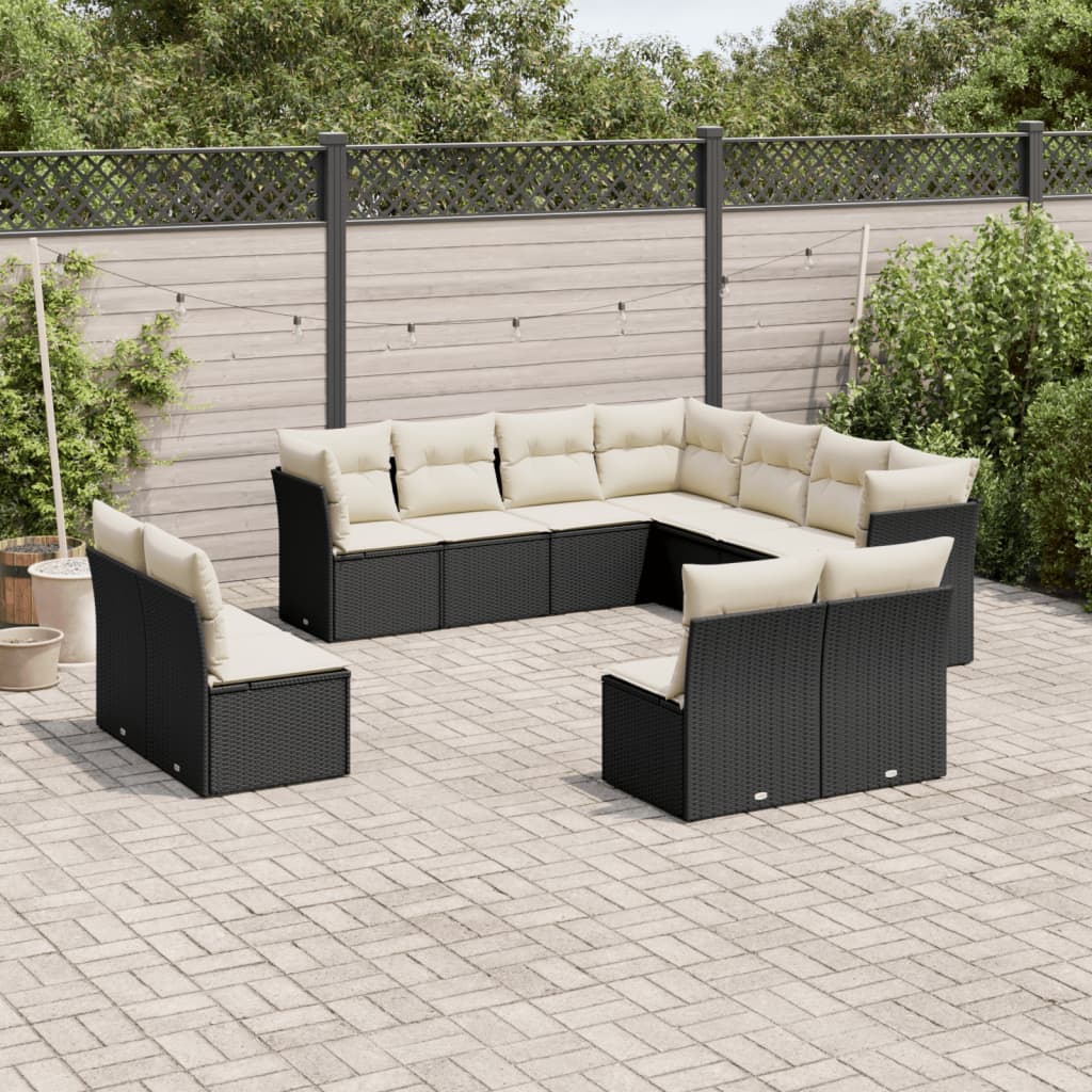 Salon de jardin 11 pcs avec coussins noir résine tressée
