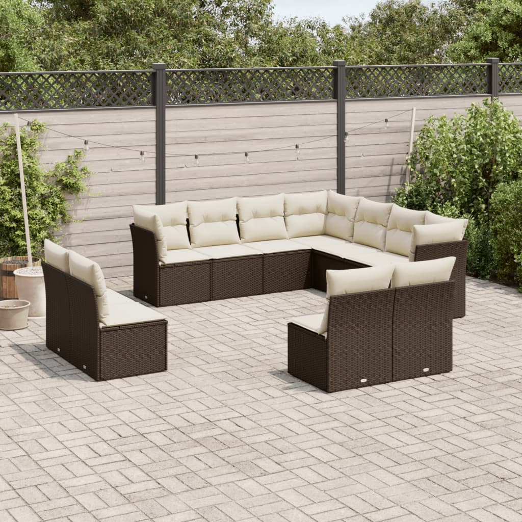 Salon de jardin et coussins 11 pcs marron résine tressée