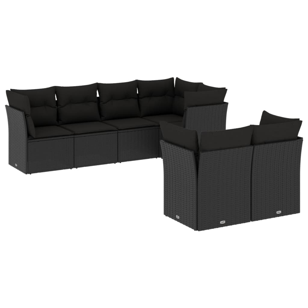 Salon de jardin 7 pcs avec coussins noir résine tressée