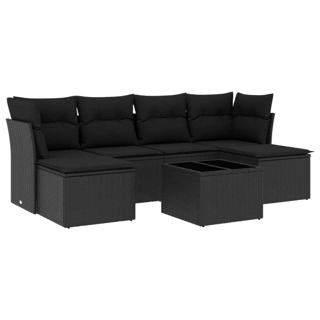 Salon de jardin 7 pcs avec coussins noir résine tressée