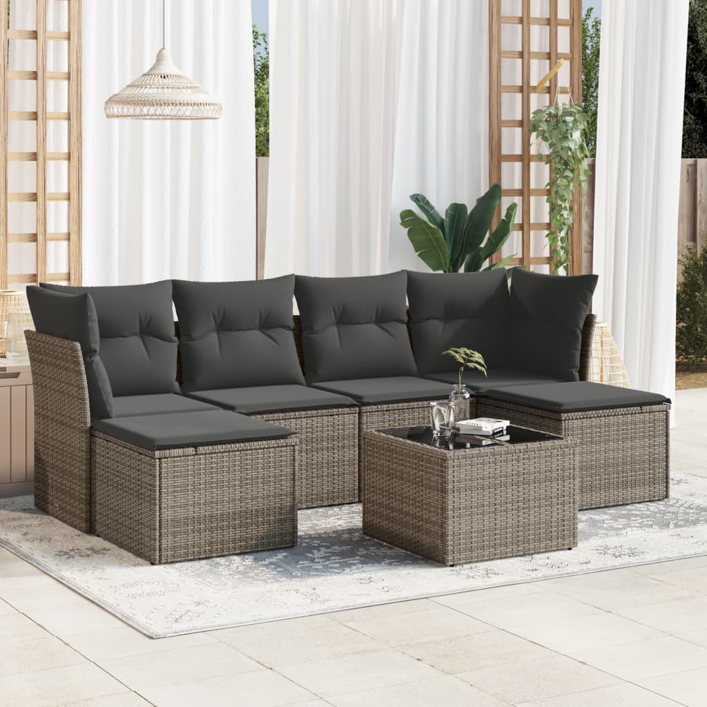 Salon de jardin avec coussins 7 pcs gris résine tressée