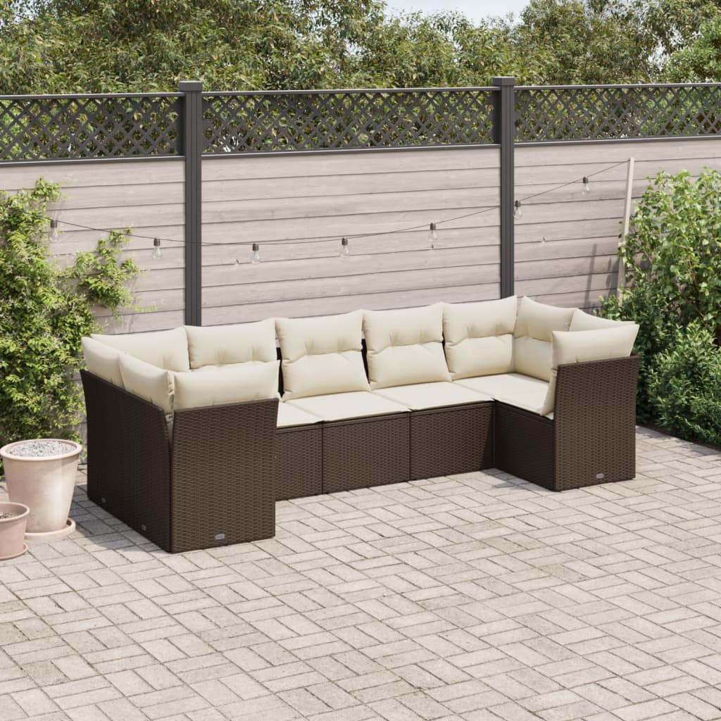 Salon de jardin avec coussins 7 pcs marron résine tressée