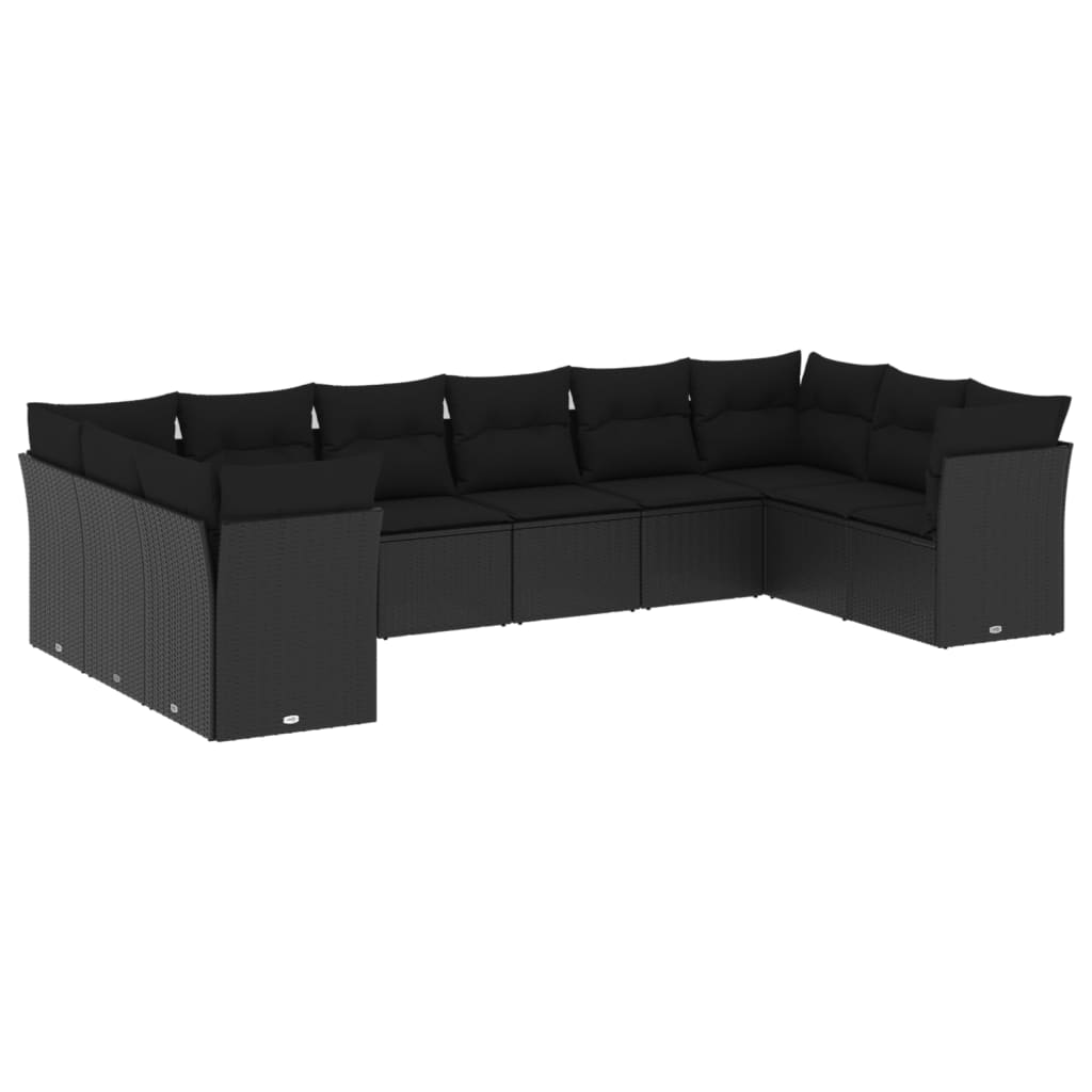 Salon de jardin 10 pcs avec coussins noir résine tressée