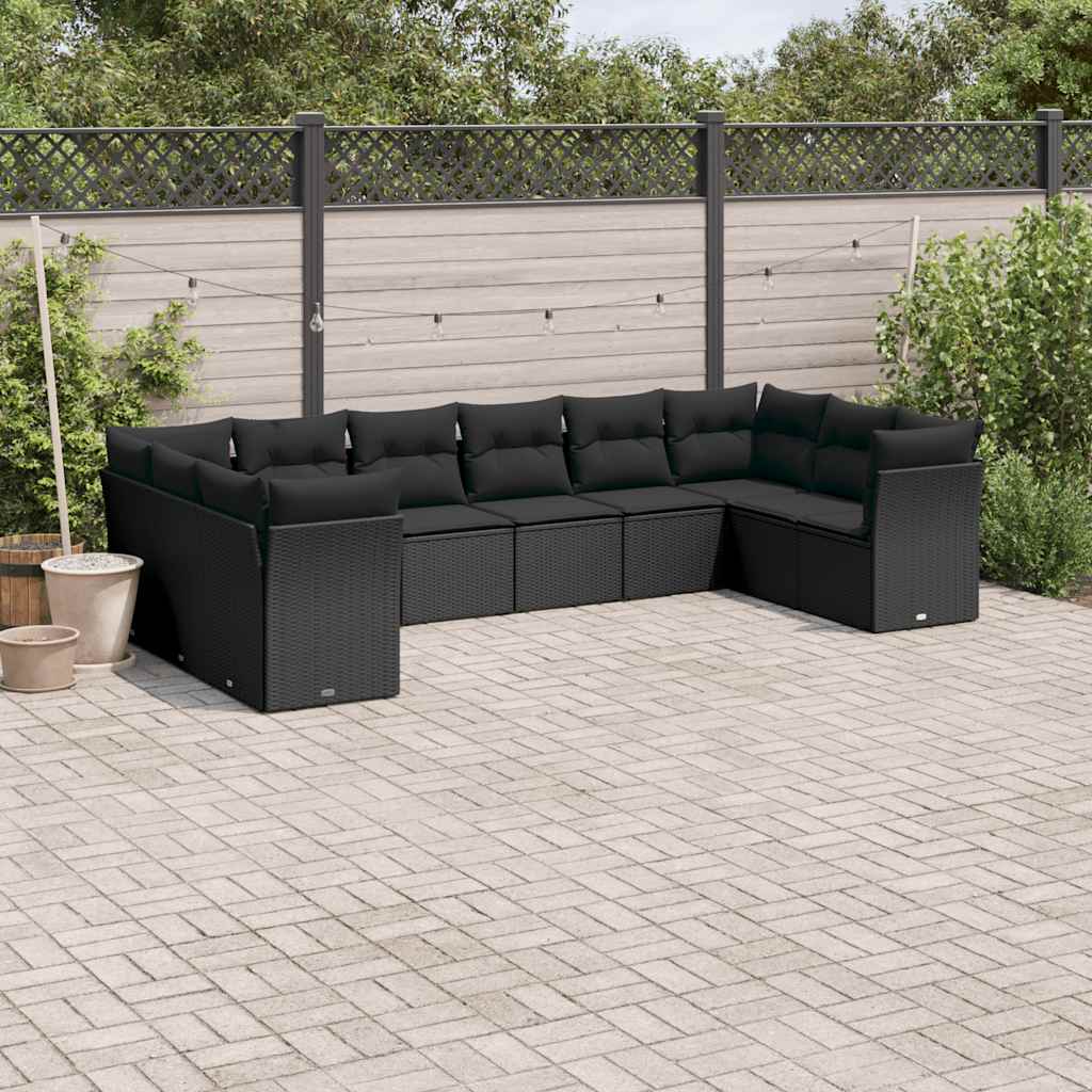 Salon de jardin 10 pcs avec coussins noir résine tressée