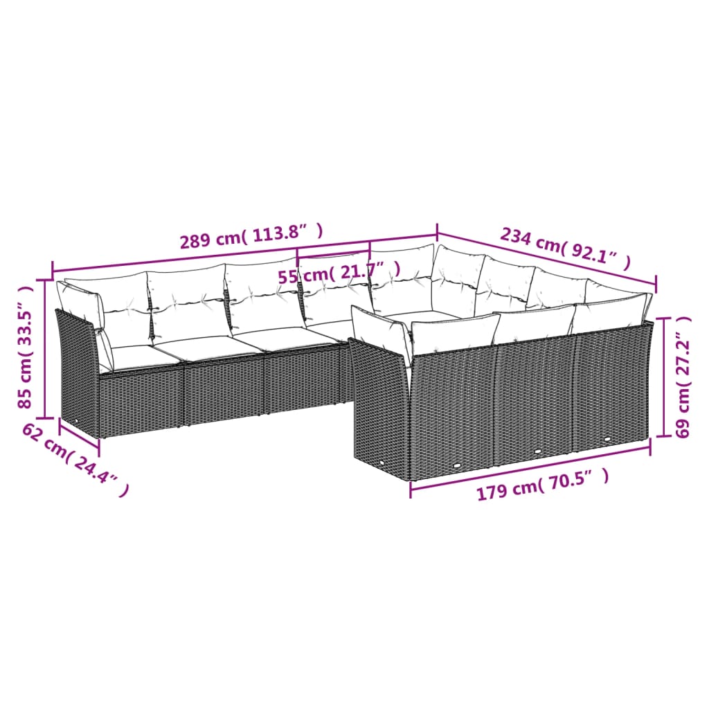 Salon de jardin avec coussins 10 pcs gris clair résine tressée