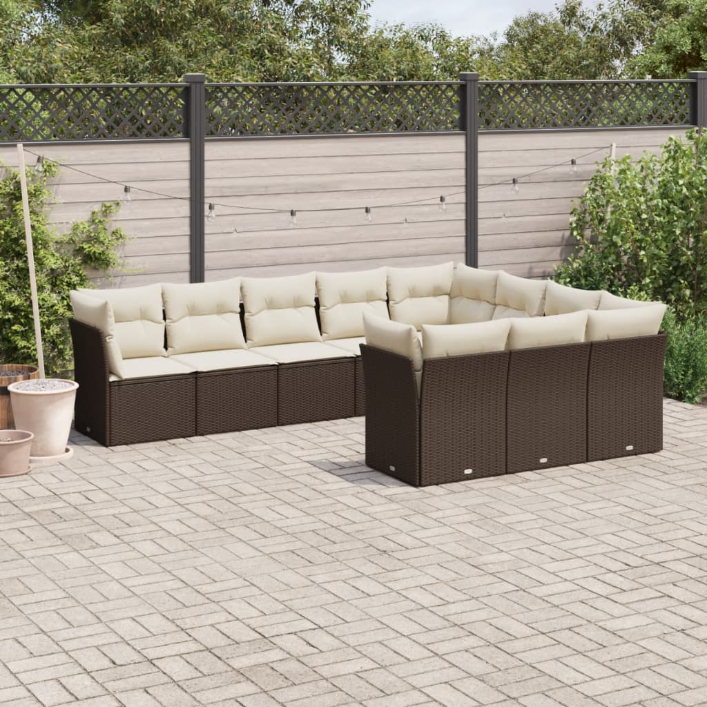 Salon de jardin 10 pcs avec coussins marron résine tressée