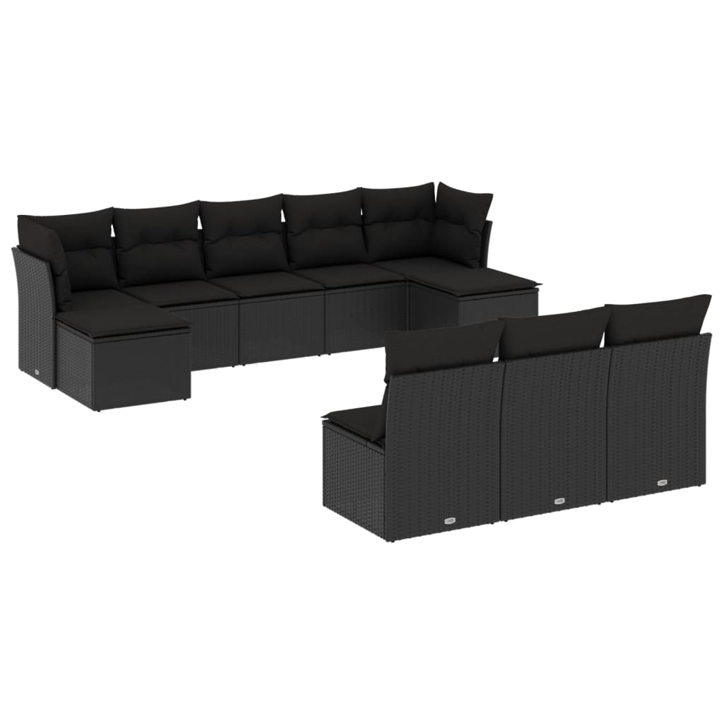 Salon de jardin 10 pcs avec coussins noir résine tressée
