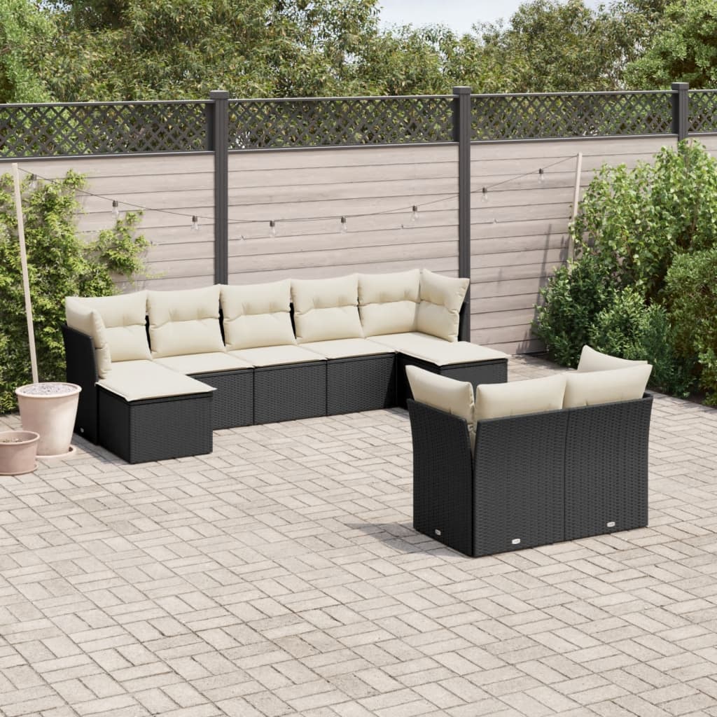 Salon de jardin 9 pcs avec coussins noir résine tressée