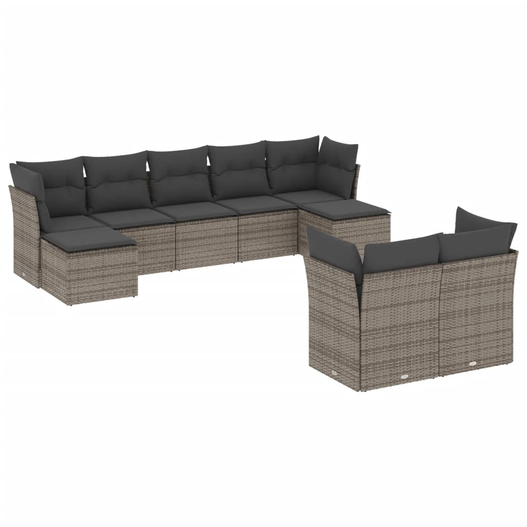 Salon de jardin 9 pcs avec coussins gris résine tressée