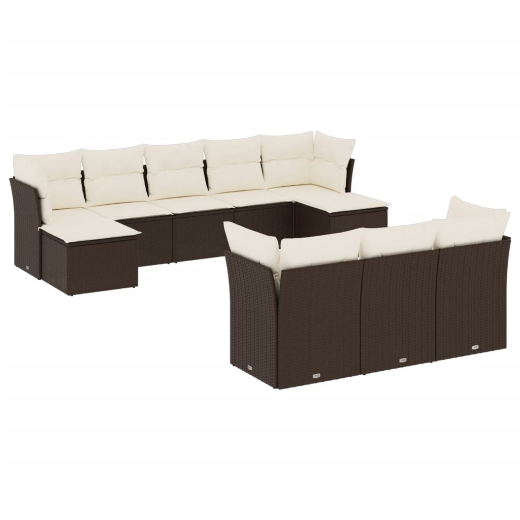 Salon de jardin 10 pcs avec coussins marron résine tressée