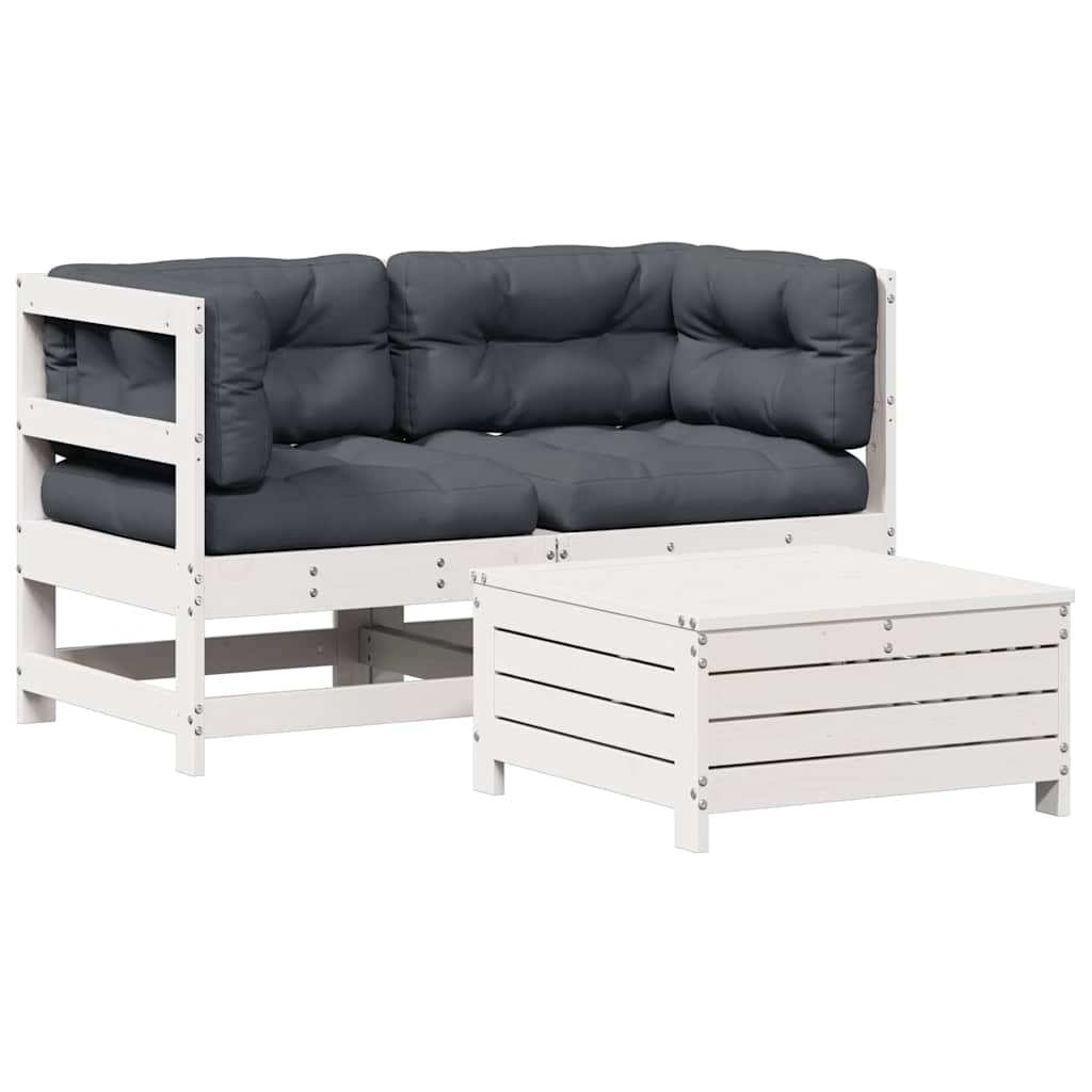 Salon de jardin 3 pcs avec coussins blanc bois de pin massif