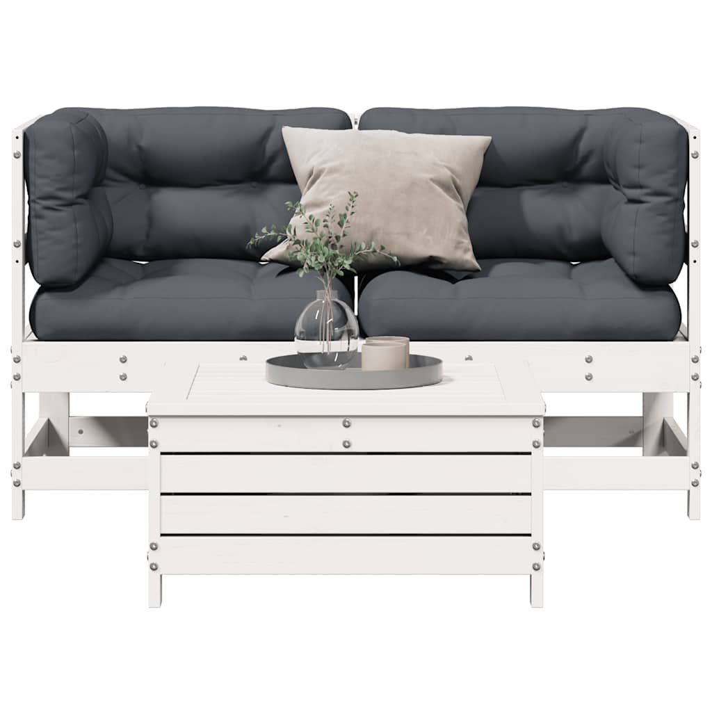 Salon de jardin 3 pcs avec coussins blanc bois de pin massif